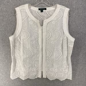🤍 Lauren Ralph Lauren Womens XL White Sleeveless Eyelet Cotton Top 🤍